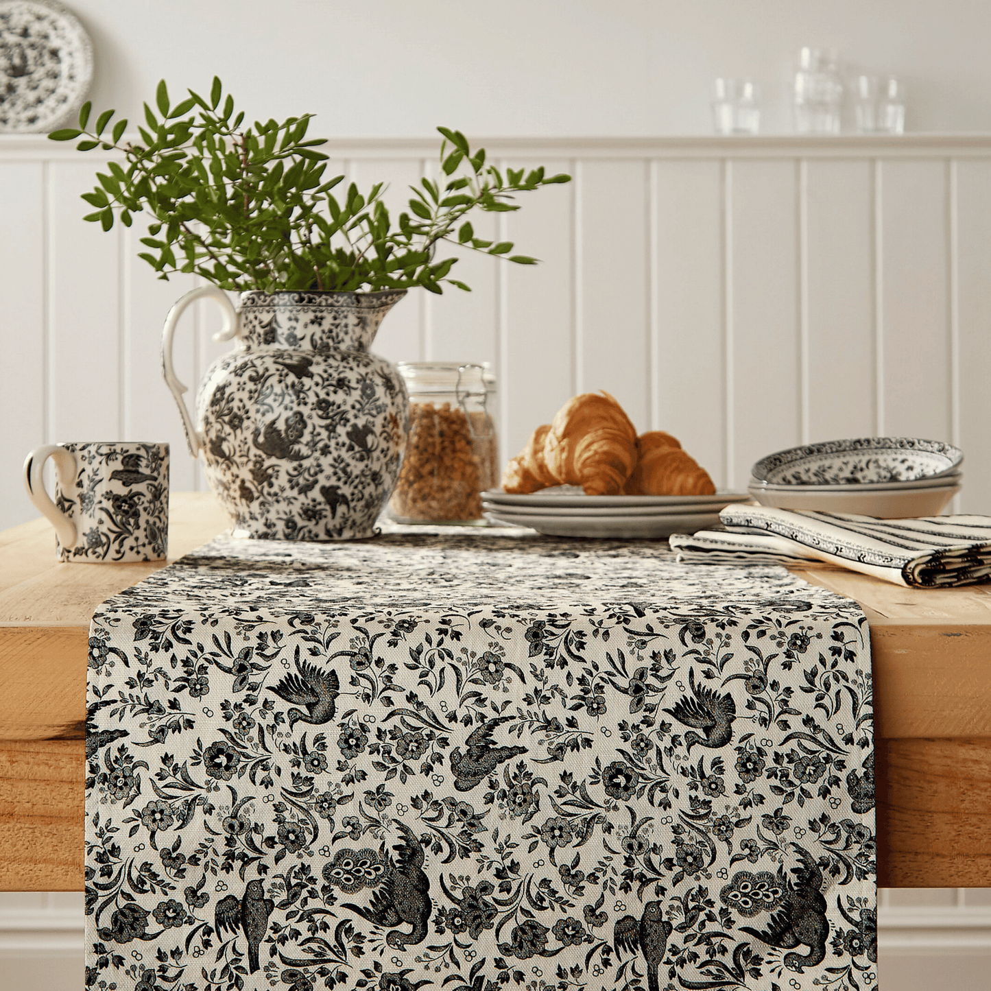 Burleigh x Bedeck of Belfast Charcoal and White Regal Peacock Table Runner