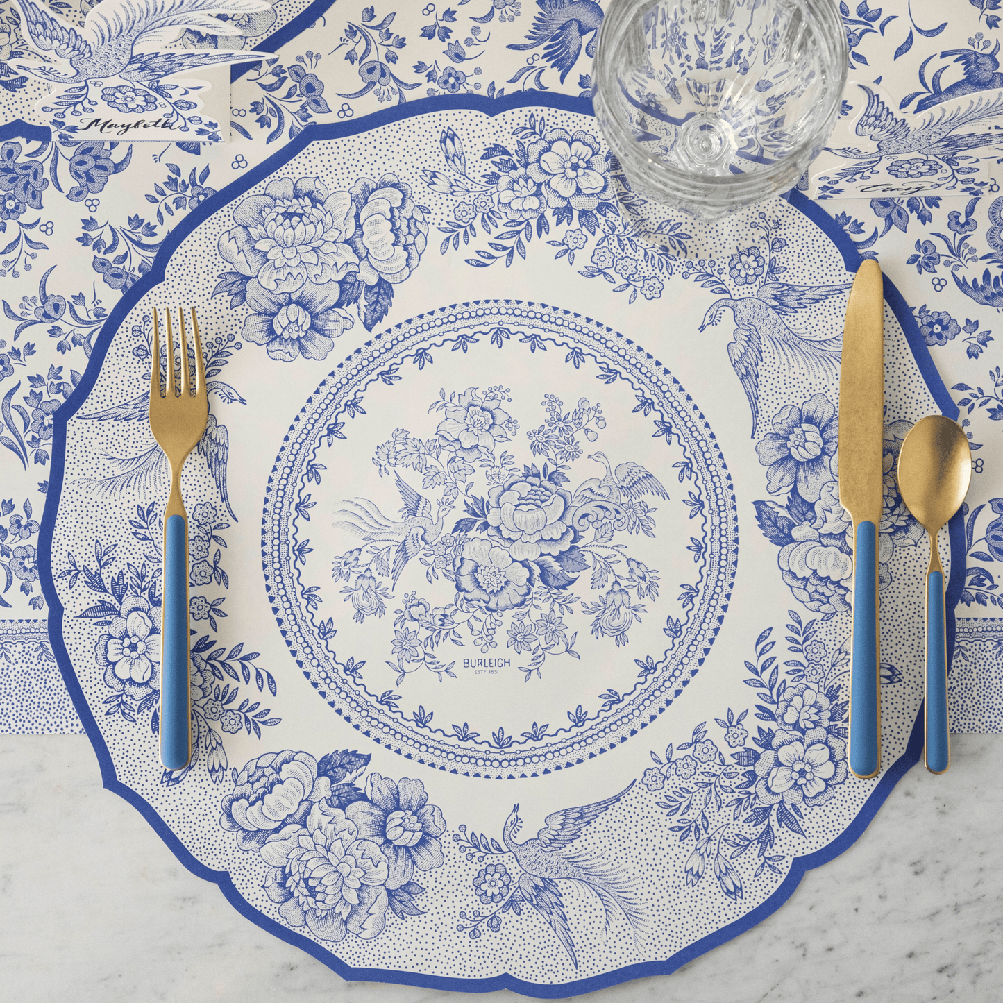 Burleigh x Hester & Cook Blue Asiatic Pheasants Round Paper Placemats, Pack of 12