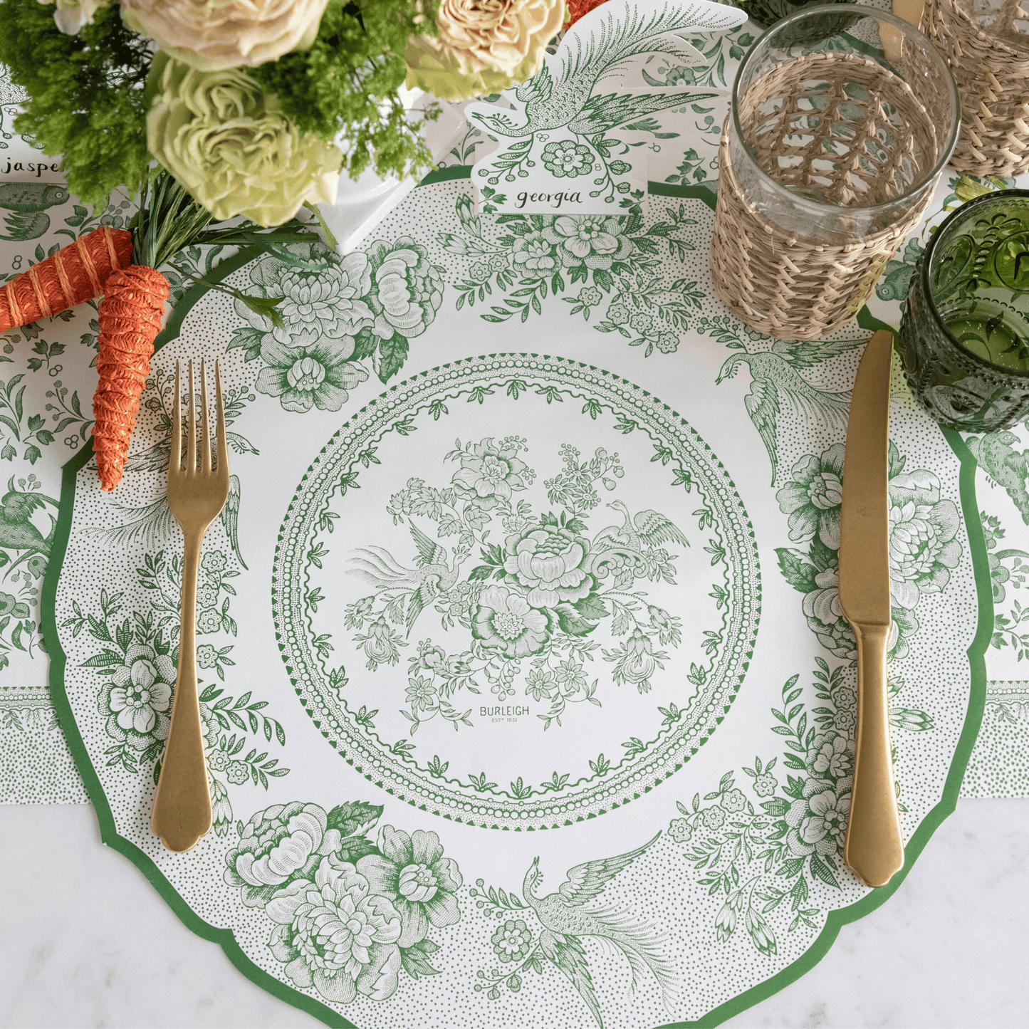 Burleigh x Hester & Cook Green Asiatic Pheasants Round Paper Placemats, Pack of 12